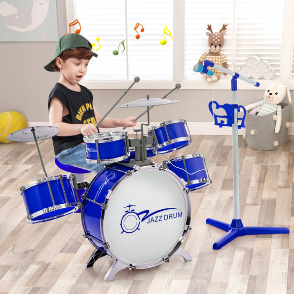 NNECW Kids Drum Keyboard Set with Stool & Microphone Stand-Blue