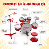 NNECW Kids Drum Keyboard Set with Stool &amp Microphone Stand-Red
