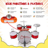 NNECW Kids Drum Keyboard Set with Stool &amp Microphone Stand-Red