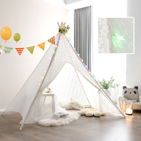 NNECW 5-Side Lace Teepee Tent with Colorful Light Strings for Children & Adults