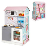 NNECW 2 in 1 Wooden Doll House and Play Kitchen with Accessories