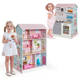 NNECW 2 in 1 Wooden Doll House and Play Kitchen with Accessories