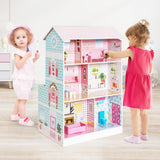 NNECW 2 in 1 Wooden Doll House and Play Kitchen with Accessories