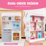 NNECW 2 in 1 Wooden Doll House and Play Kitchen with Accessories