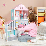 NNECW Wooden Pretend Play Doll House with Fully-Furnished Design