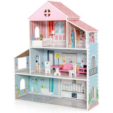 NNECW Wooden Pretend Play Doll House with Fully-Furnished Design
