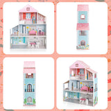 NNECW Wooden Pretend Play Doll House with Fully-Furnished Design