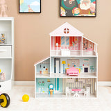 NNECW Wooden Pretend Play Doll House with Fully-Furnished Design