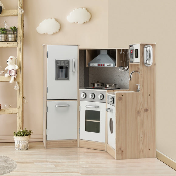 NNECW Wooden Pretend Corner Playset with Cookware Accessories for Kids