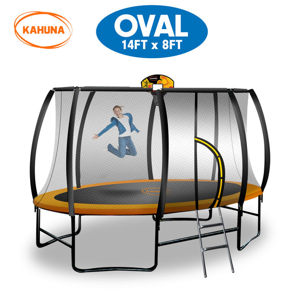 NNEDPE Kahuna Trampoline 8 ft x 14ft Oval with Basketball Set - Orange