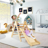 NNECW  2 in 1 Kids Wooden Climbing Triangle Set with Slide-Natural