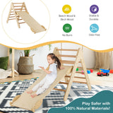NNECW 3-in-1 Kid Wooden Climbing Triangle Set Sliding with Reversible Ramp-Natural