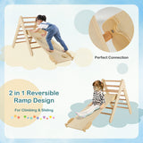 NNECW 3-in-1 Kid Wooden Climbing Triangle Set Sliding with Reversible Ramp-Natural