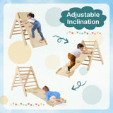 NNECW 3-in-1 Kid Wooden Climbing Triangle Set Sliding with Reversible Ramp-Natural