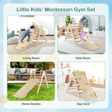 NNECW 3-in-1 Kid Wooden Climbing Triangle Set Sliding with Reversible Ramp-Natural