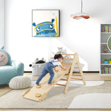 NNECW 3-in-1 Kid Wooden Climbing Triangle Set Sliding with Reversible Ramp-Natural