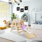 NNECW 3-in-1 Kid Wooden Climbing Triangle Set Sliding with Reversible Ramp-Natural