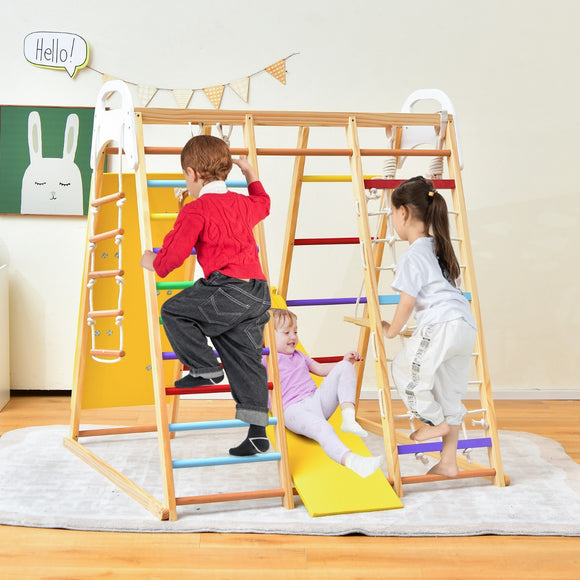 NNECW 8-in-1 Wooden Jungle Gym Playset with Monkey Bars & Climbing Ladder-Multicolour