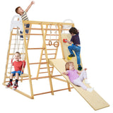NNECW 8-in-1 Wooden Jungle Gym Playset with Monkey Bars &amp Climbing Ladder-Natural
