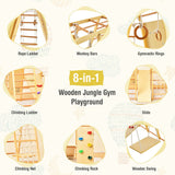 NNECW 8-in-1 Wooden Jungle Gym Playset with Monkey Bars &amp Climbing Ladder-Natural