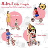 NNECW 4-in-1 Kids Trike Bike with Adjustable Parent Push Handle for Kids Aged 2-4-Pink