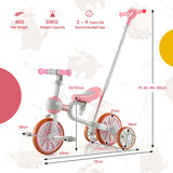 NNECW 4-in-1 Kids Trike Bike with Adjustable Parent Push Handle for Kids Aged 2-4-Pink