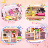 NNECW 4-Story Wooden Doll House with 13 Pieces Furniture & Accessories for Kids