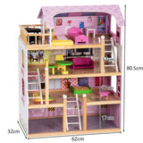 NNECW 4-Story Wooden Doll House with 13 Pieces Furniture & Accessories for Kids