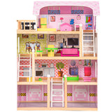 NNECW 4-Story Wooden Doll House with 13 Pieces Furniture & Accessories for Kids