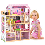 NNECW 4-Story Wooden Doll House with 13 Pieces Furniture & Accessories for Kids