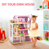 NNECW 4-Story Wooden Doll House with 13 Pieces Furniture & Accessories for Kids