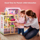NNECW 4-Story Wooden Doll House with 13 Pieces Furniture & Accessories for Kids