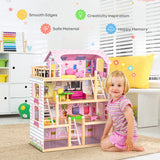 NNECW 4-Story Wooden Doll House with 13 Pieces Furniture & Accessories for Kids
