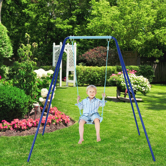 NNECW Heavy Duty Iron Swing Set with Stable A-Frame for Outdoor Play-Blue