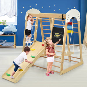 NNECW 8-in-1 Wooden Climbing Playset with Slide and Drawing Board