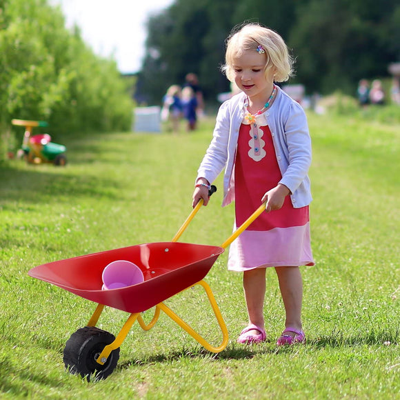 NNECW Kids Metal Wheelbarrow with Non-Slip Handle for Toddlers Red