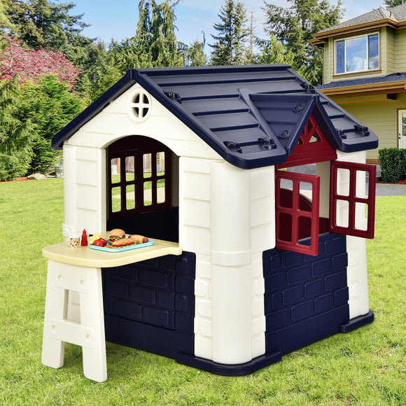 NNECW Kids Pretend Toy Playhouse with Working Doors and Windows for Boys and Girls-Blue