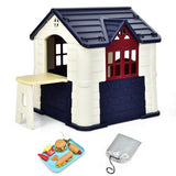 NNECW Kids Pretend Toy Playhouse with Working Doors and Windows for Boys and Girls-Blue