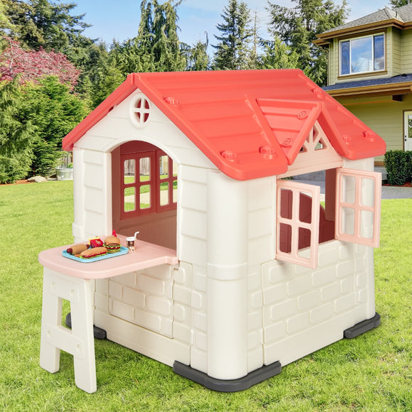 NNECW Kids Pretend Toy Playhouse with Working Doors and Windows for Boys and Girls-Pink
