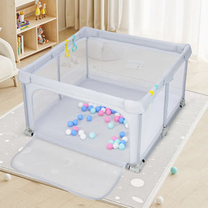 NNECW 124cm Foldable Baby Playpen Interactive Activity Center with Balls Pull Rings