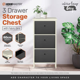 NNEDSZ Home M3 Drawer Pine Wood Storage Chest Grey Fabric Baskets 37 x 80cm